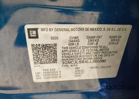 2020 Chevrolet Trax Fwd Lt from USA, damaged, VIN 3GNCJLSBXLL261080